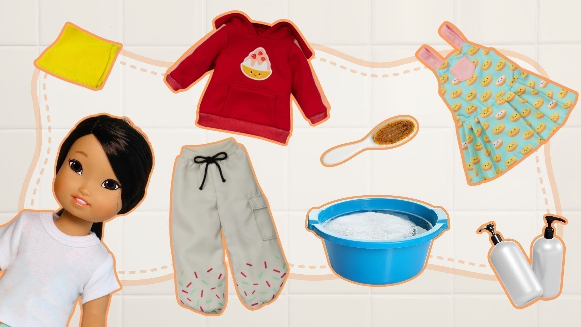 How to clean a doll safely with mild soap, soft cloths, doll clothes, brush, and cleaning supplies for vinyl, plastic, and cloth dolls.