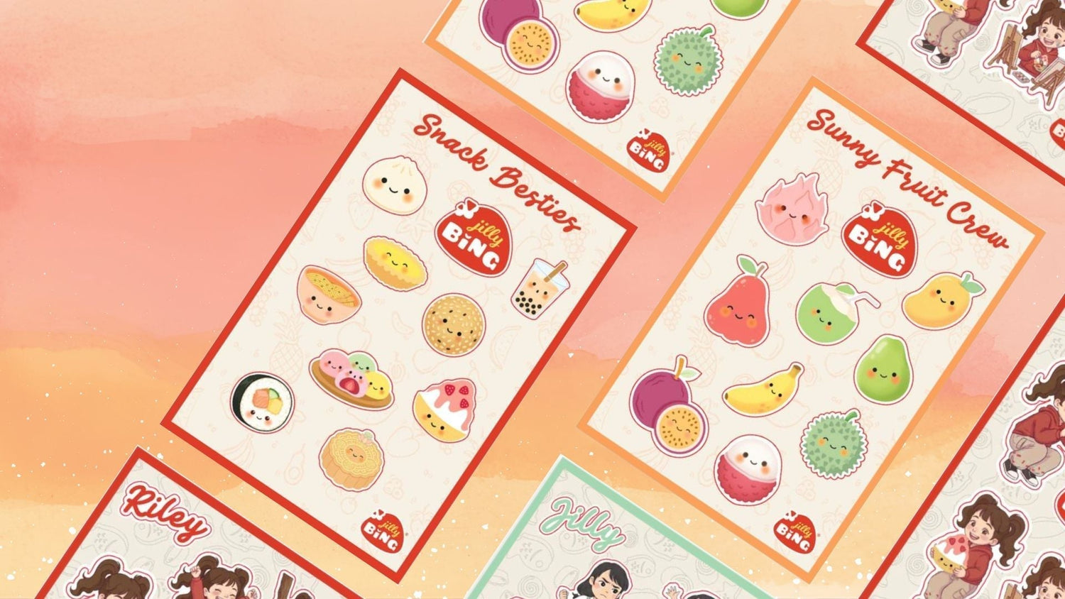 Jilly Bing food stickers featuring Sunny Fruit Crew and Snack Besties with cute Asian-inspired fruit and snack sticker sheets.