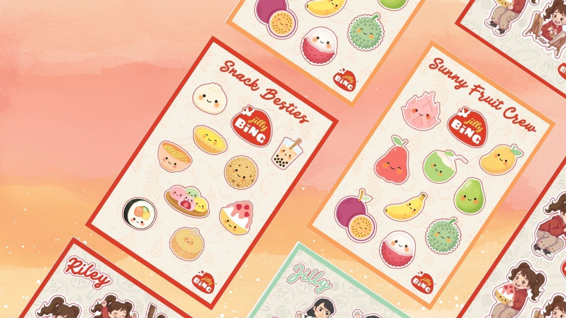 Jilly Bing food stickers featuring Sunny Fruit Crew and Snack Besties with cute Asian-inspired fruit and snack sticker sheets.