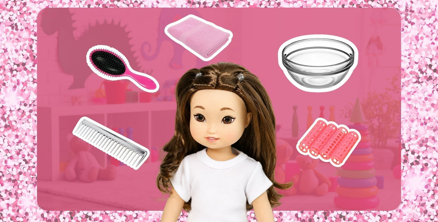 Jilly Bing doll with synthetic hair and doll hair care tools, including a brush, comb, curlers, towel, and bowl for gentle styling.