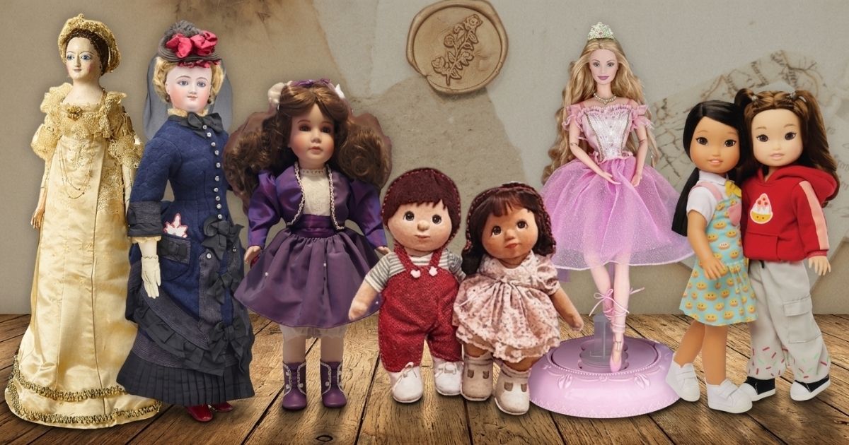 Collection of dolls from the 1800s to 2023, illustrating the evolution of dolls over time.