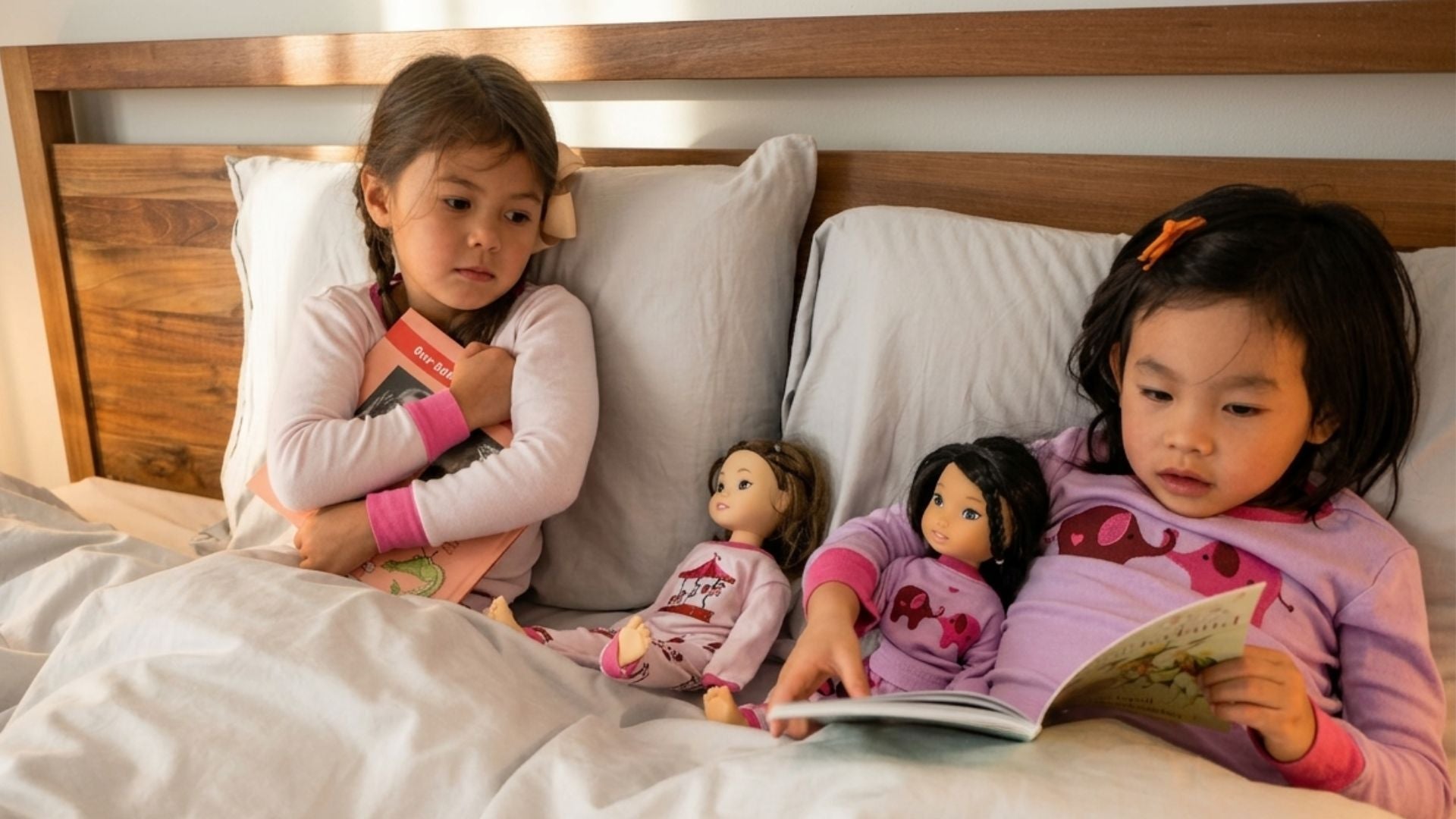 Two children reading bed time stories with Jilly and Riley dolls in bed, showcasing diversity in toys, representation, and confidence-building through imaginative play.