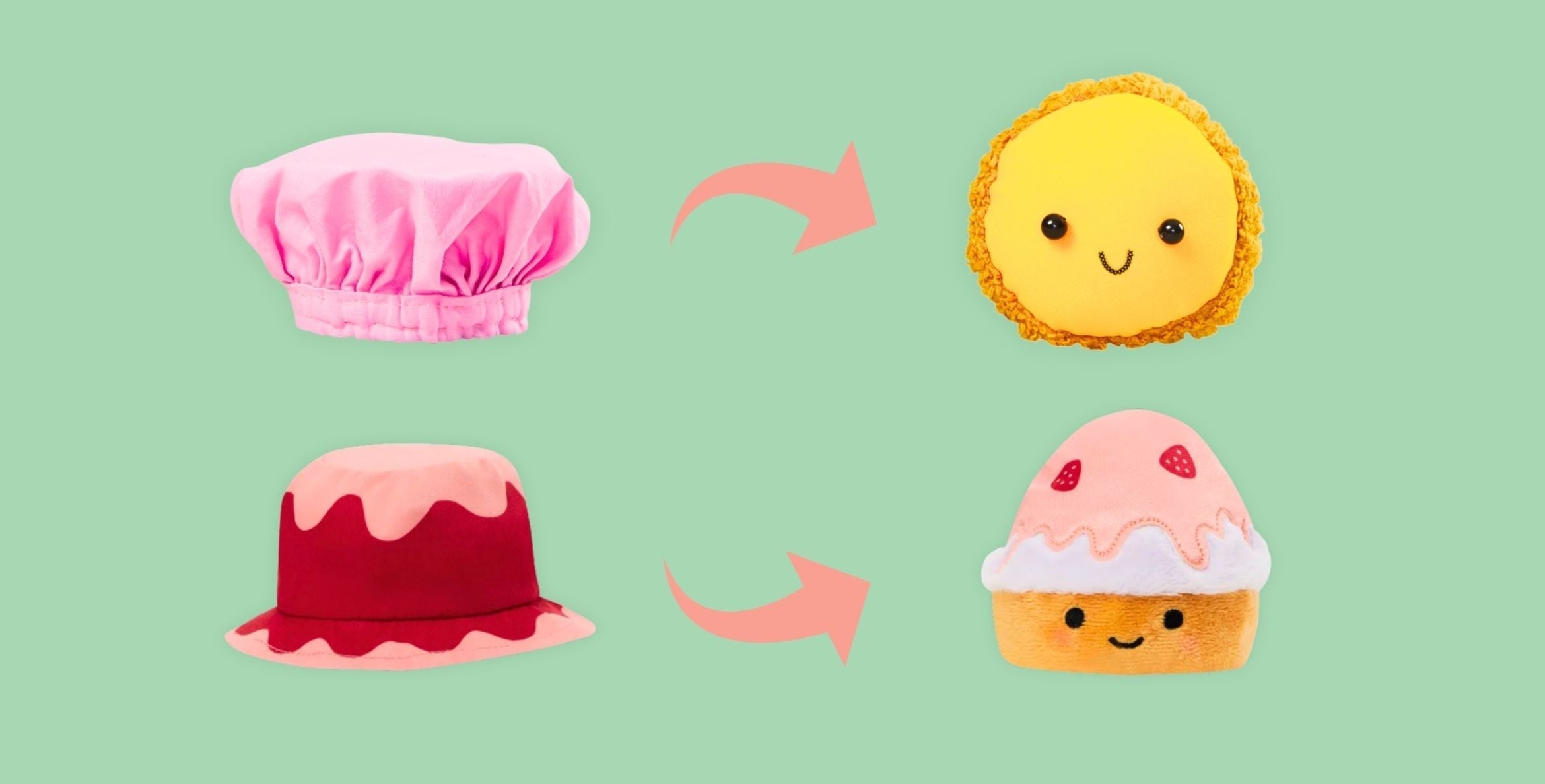 Jilly Bing doll hats transform into smiling egg tart and shaved ice plush accessories inspired by Asian American treats.
