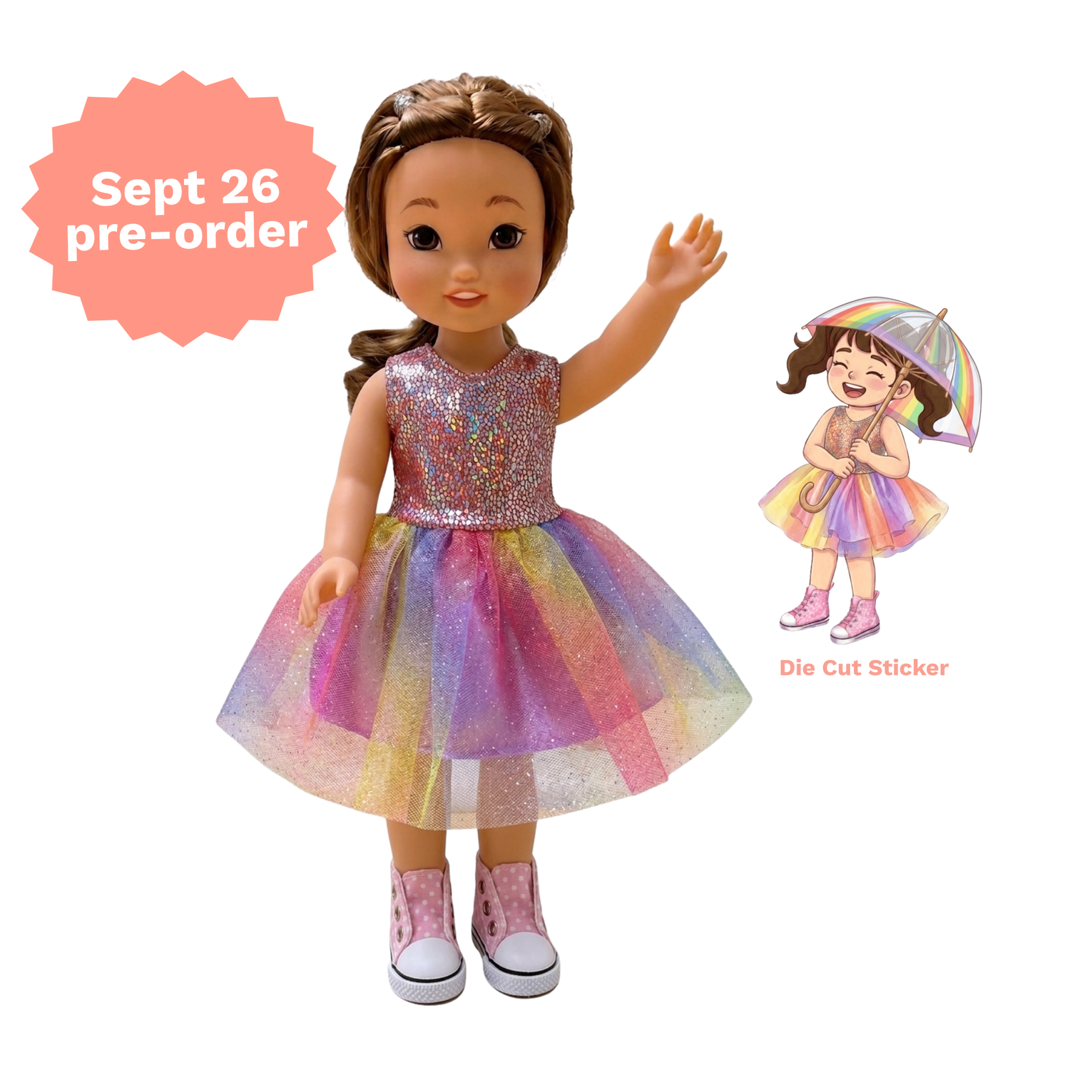 Pre-order: Pre-Order: Rainbow Sparkle Dress &amp; High Tops for 14" Dolls
