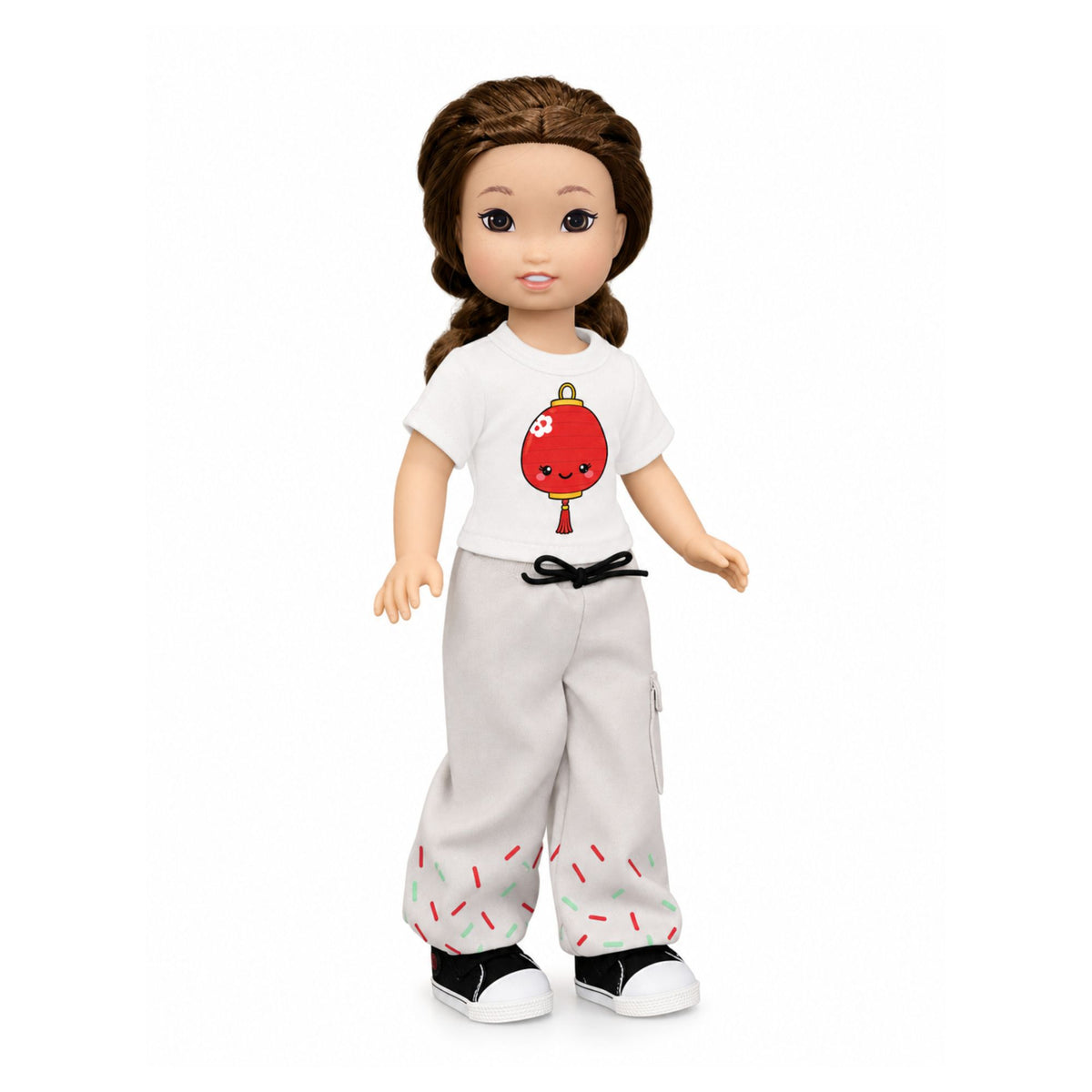 Jilly Bing 14-inch doll Riley wearing the Autumn Moon T-Shirt with a red lantern design.