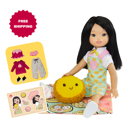 Jilly Doll Shaved Ice Adventure Outfit Bundle includes the shaved ice adventure outfit with a reversible bucket hat that transforms into a plush shaved ice friend named Chilly Cheeks.