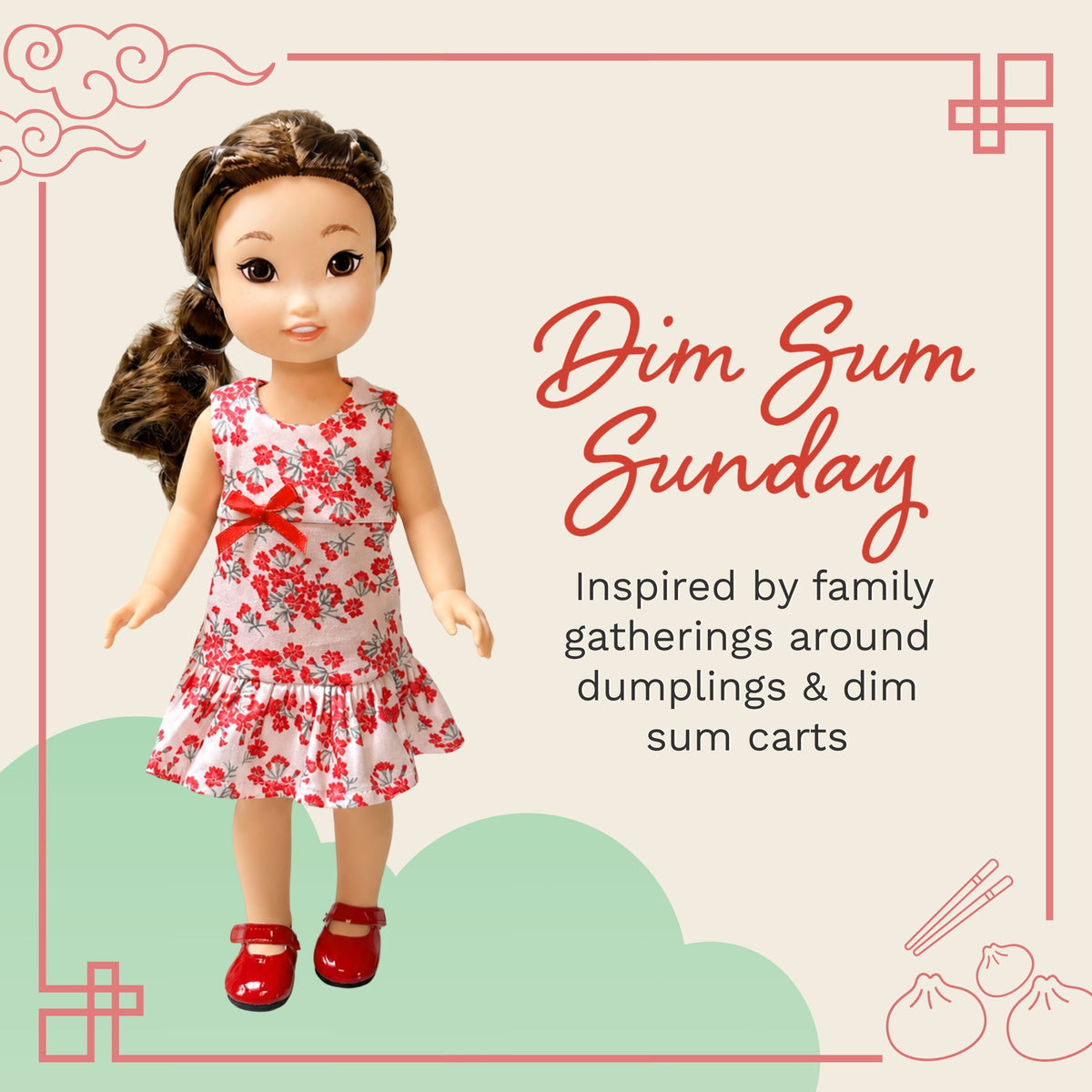 Jilly Bing mystery blind bag featuring the Dim Sum Sunday outfit for 14-inch dolls.