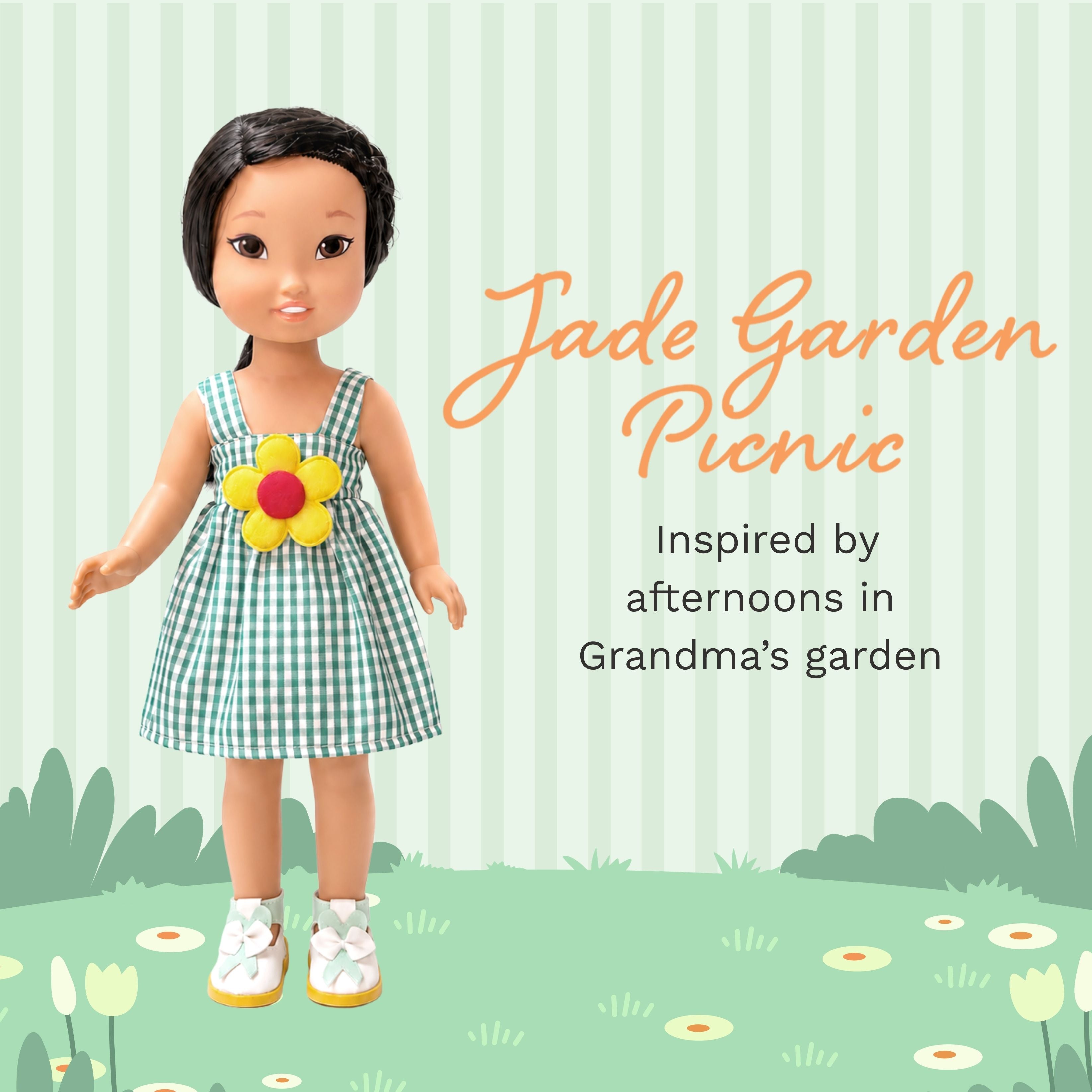 Jilly Bing mystery blind bag featuring the Jade Garden Picnic outfit for 14-inch dolls.
