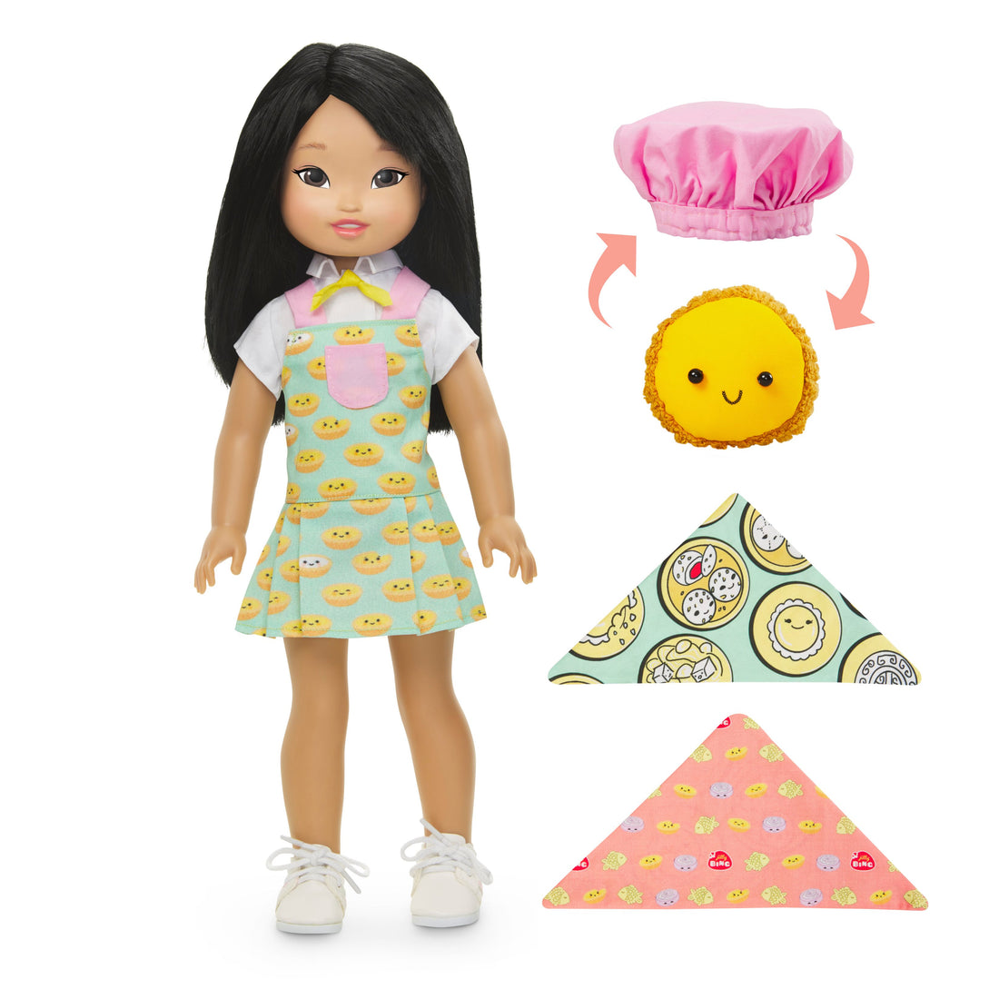 Asian American doll named Jilly next to accessories including L&