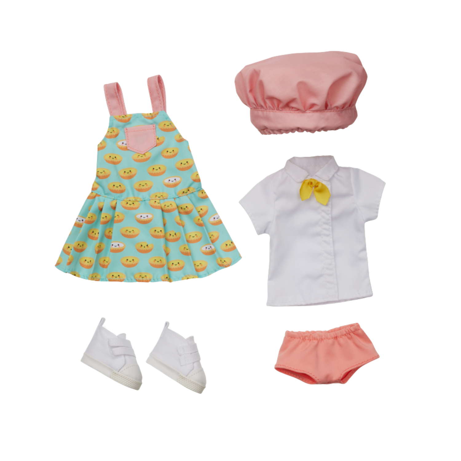 The complete egg tart apron outfit worn by the Asian American Jilly doll includes the chef hat. 