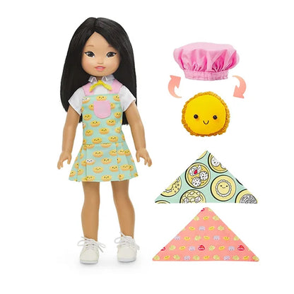 Asian American doll named Jilly next to accessories including L&