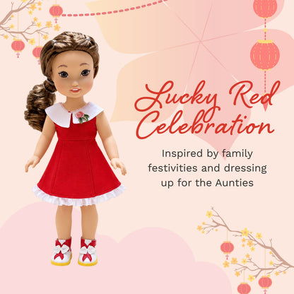 Jilly Bing mystery blind bag featuring the Lucky Red Celebration outfit for 14-inch dolls.