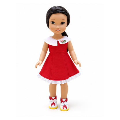 Asian American doll Jilly wearing the Party Red Dress with white collar, ruffled hem, and matching red-and-white shoes.