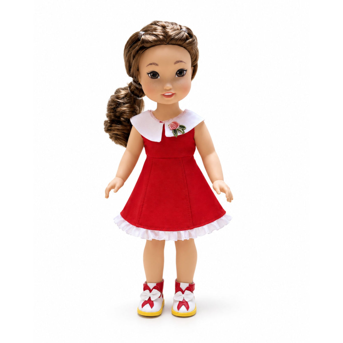 Asian American doll Riley wearing the Party Red Dress with white collar, floral detail, ruffled hem, and matching red-and-white shoes.