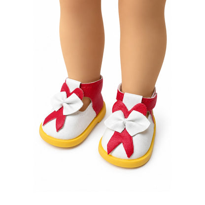 Jilly Bing Party Red Dress outfit featuring matching red-and-white Velcro sneakers with white bows for 14-inch dolls.