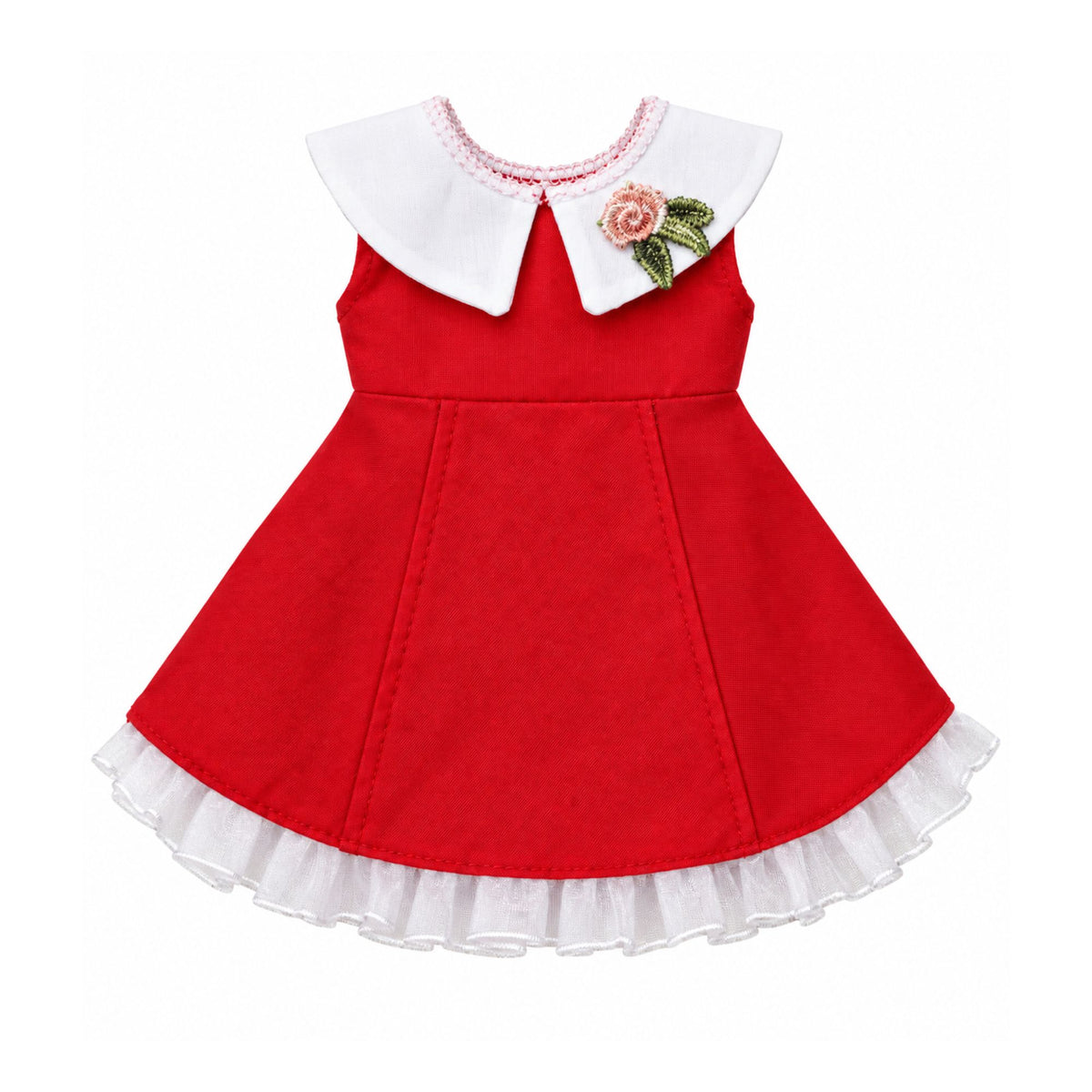Jilly Bing Party Red Dress for 14-inch dolls with a white collar, floral detail, and soft ruffled hem.