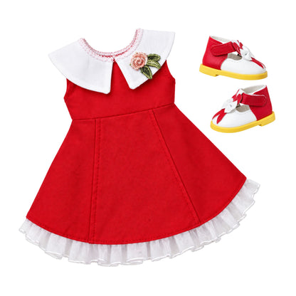 Jilly Bing Party Red Dress with white collar, floral detail, ruffled hem, and matching red-and-white shoes for 14-inch dolls.