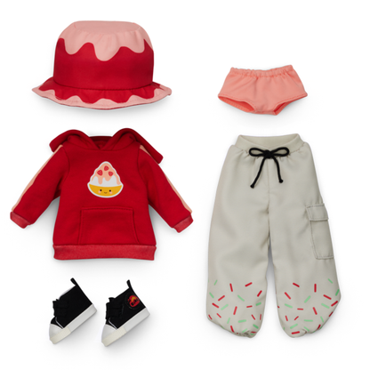 Shaved ice outfit by Jilly Bing made for dolls includes a reversible shaved ice bucket hat, red hoodie, underwear, cargo pants and sneakers.