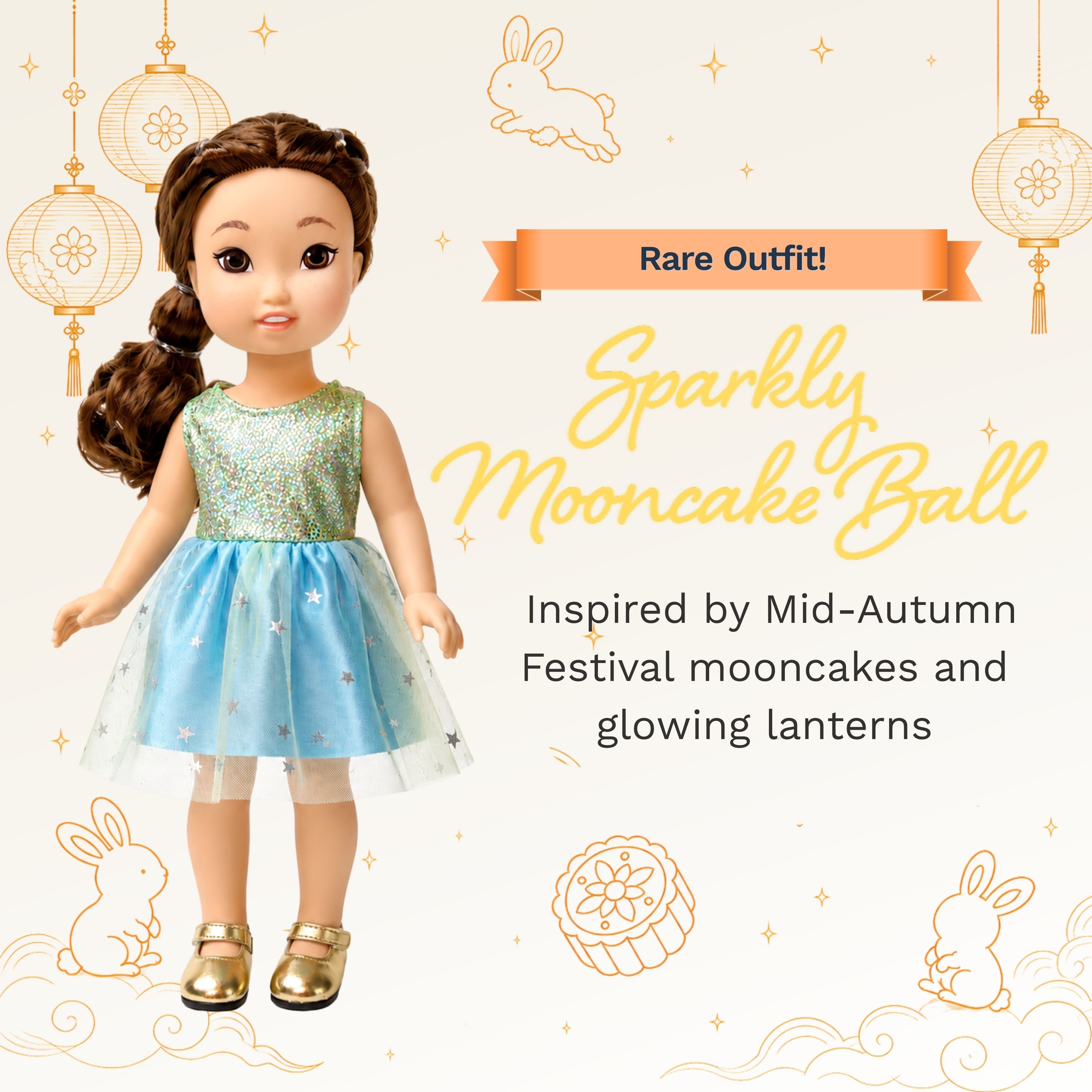 Jilly Bing mystery blind bag featuring the Sparkly Mooncake Ball outfit for 14-inch dolls.