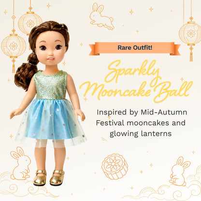 Jilly Bing mystery blind bag featuring the Sparkly Mooncake Ball outfit for 14-inch dolls.