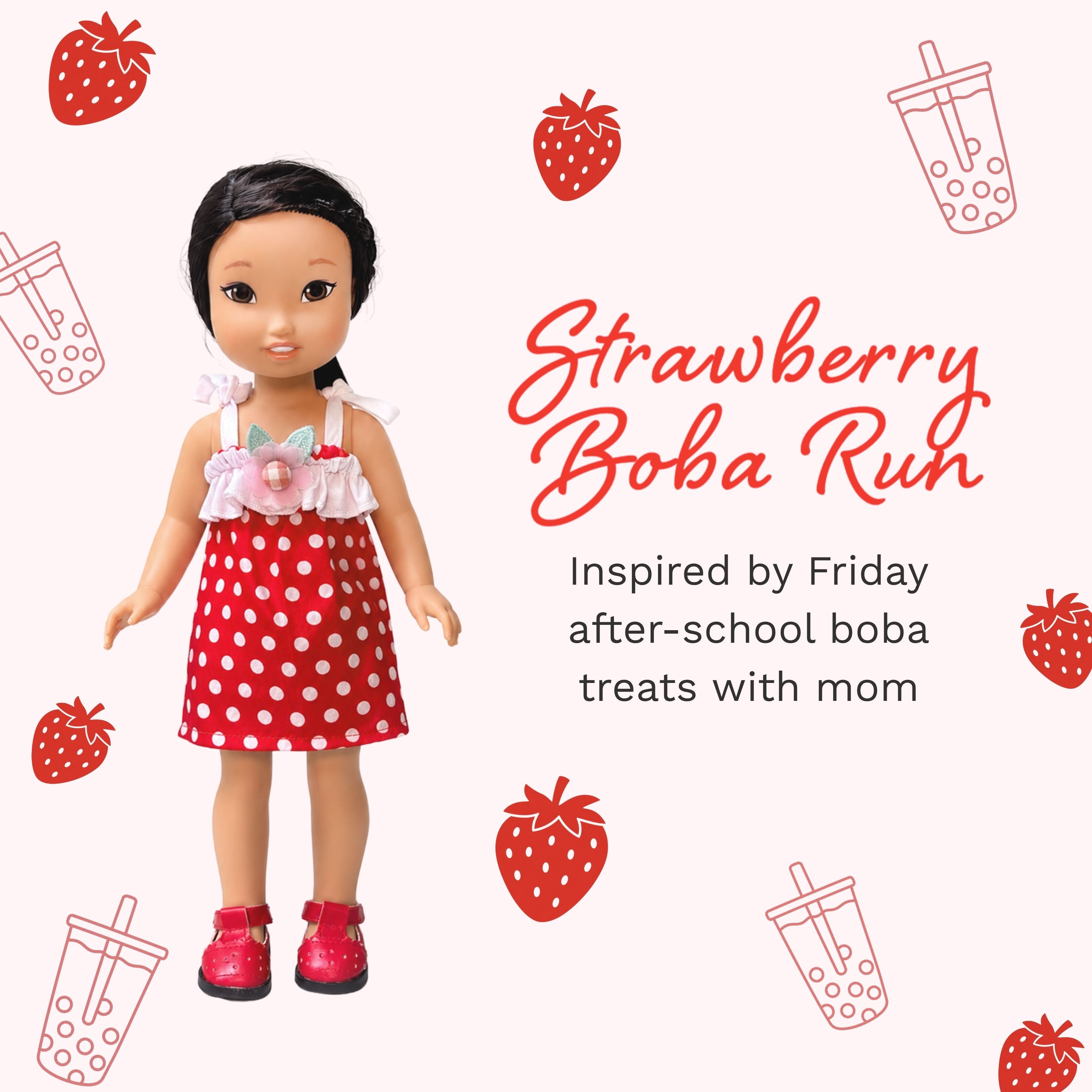 Jilly Bing mystery blind bag featuring the Strawberry Boba Run outfit Collection for 14-inch dolls.