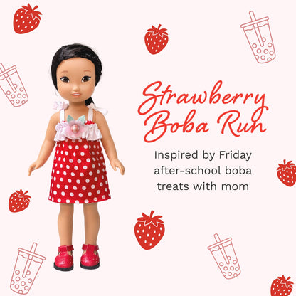 Jilly Bing mystery blind bag featuring the Strawberry Boba Run outfit Collection for 14-inch dolls.