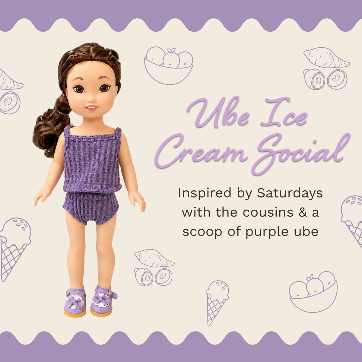 Jilly Bing mystery blind bag featuring the Ube Ice Cream Social outfit for 14-inch dolls.