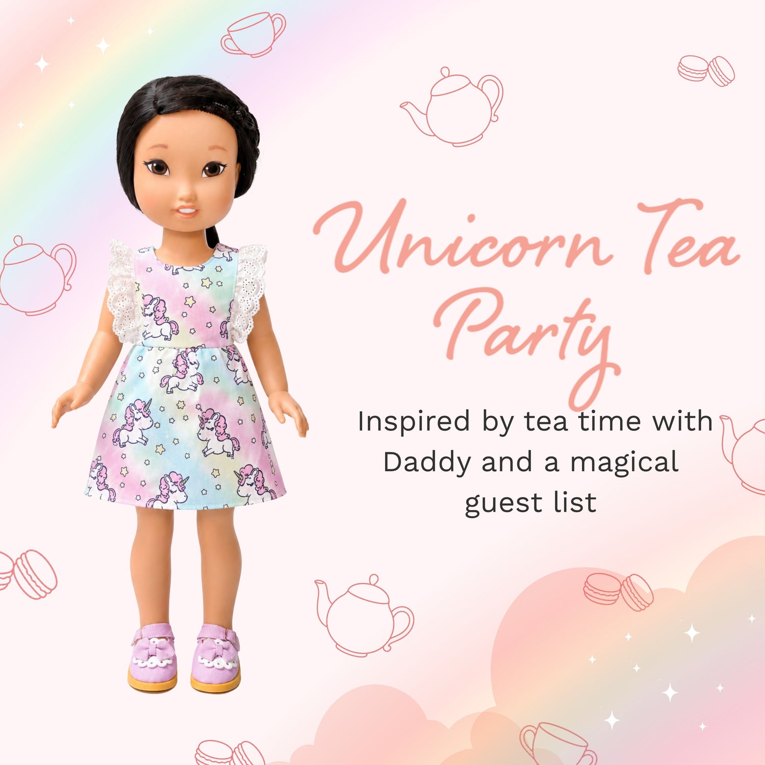 Jilly Bing mystery blind bag featuring the Unicorn Tea Party outfit for 14-inch dolls.