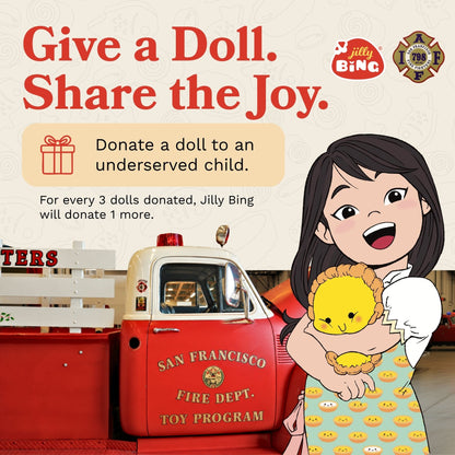 Jilly Bing donation campaign graphic featuring an illustrated girl holding a doll beside a San Francisco Fire Department toy program truck, encouraging doll donations for underserved children.