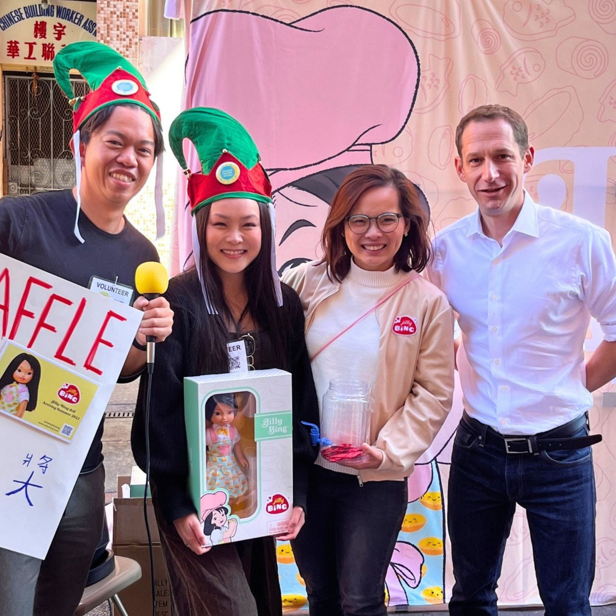 Jilly Bing posing with San Francisco Mayor Daniel Lurie at a community event, showcasing a Jilly Bing 14-inch Asian American doll and supporting cultural representation for children.